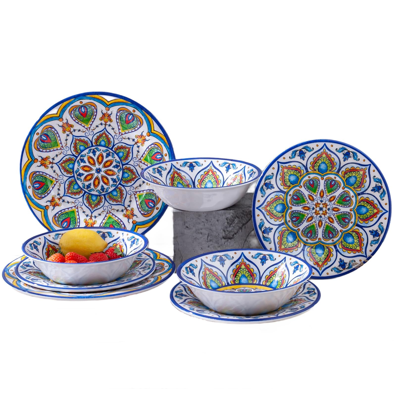 Melamine Dinnerware Set - 12 Pcs Dishware DurableOutdoor Plastic Plates Bowls Se