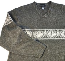 EDDIE BAUER Mens Tall L Wool Blend Fair Isle Olive Vneck Nordic Pullover Sweater