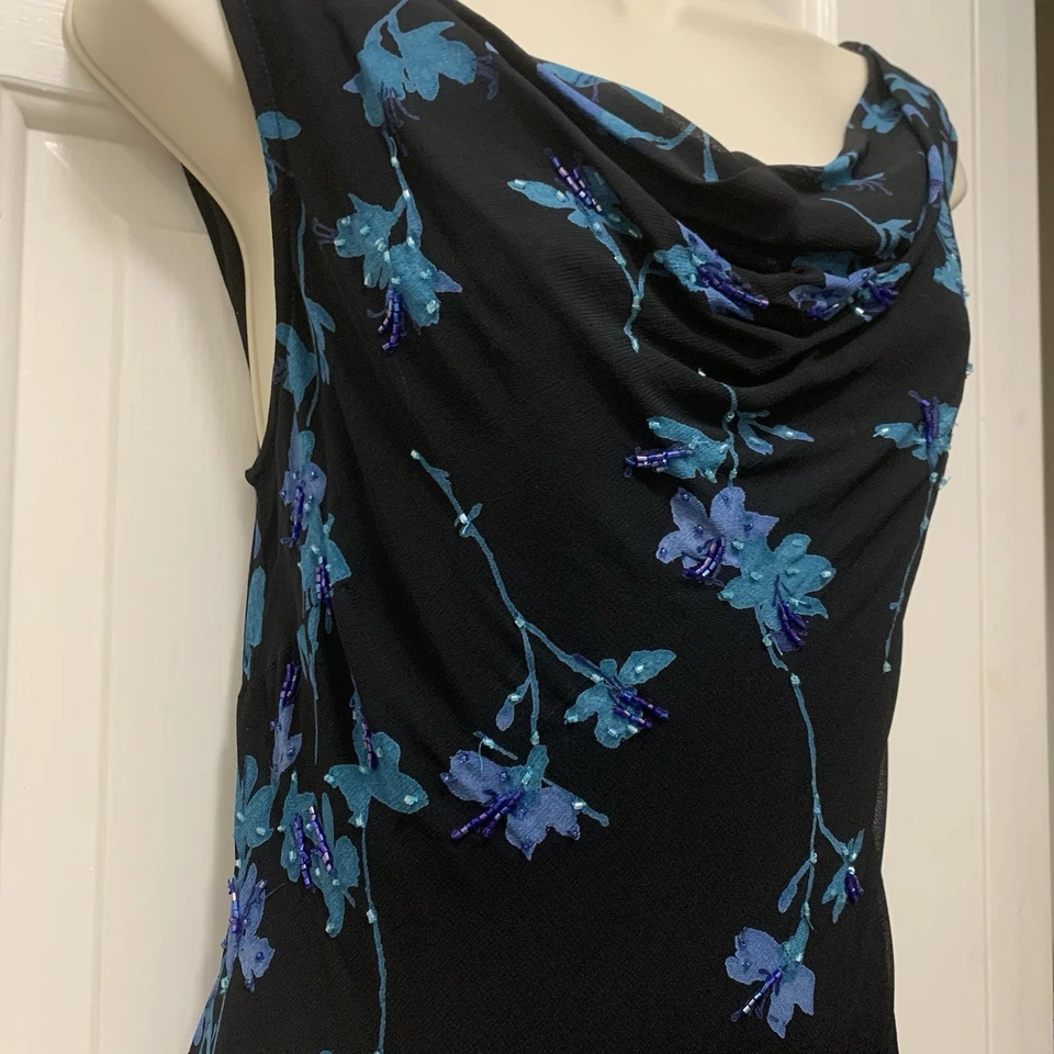 复古 Eva 蓝色女式 10 黑色花卉串珠奇思格斯深仙女长裙 Y2K — 第 4/4 张图片