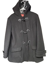Esprit Women's XL Full Zip & Toggle Wool Hooded Coat Black Jacket Lined - Black