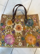 Vintage BAGS BY PATRICIA Floral Beach Woven Straw Raffia Wooden Handles LINED