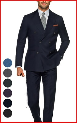 Mens Double Breasted Suit Medium Blue 42 Jacket 36 Pants Formal Work Wool Suit