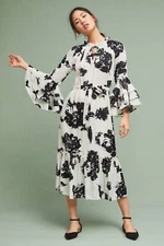 MISA White Black Floral Print Juliette Ruffle Sleeve Dress S = 4/6 ANTHROPOLOGIE