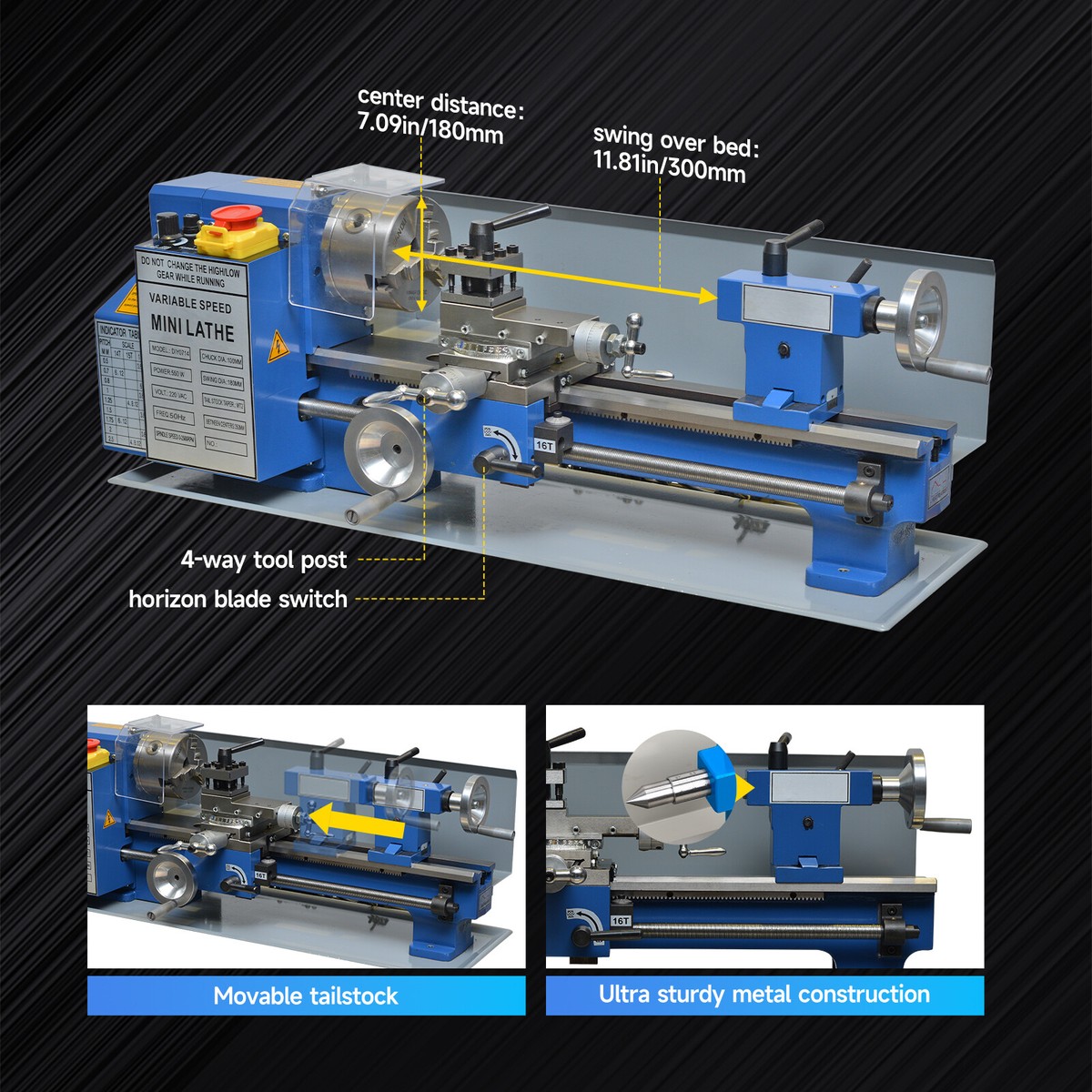 7x12 Mini Metal Lathe – 400W, 0-2250 RPM, 110V – Metalworking & Woodworking – ASF43E