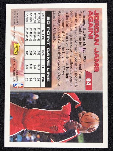 1993 93 Topps Gold 50 Point Club Michael Jordan #64, Chicago Bulls, Salón de la fama - Imagen 2 de 2