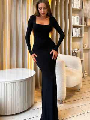 Slim Long Dresses Women Long Sleeve Square Package Dress Fashion