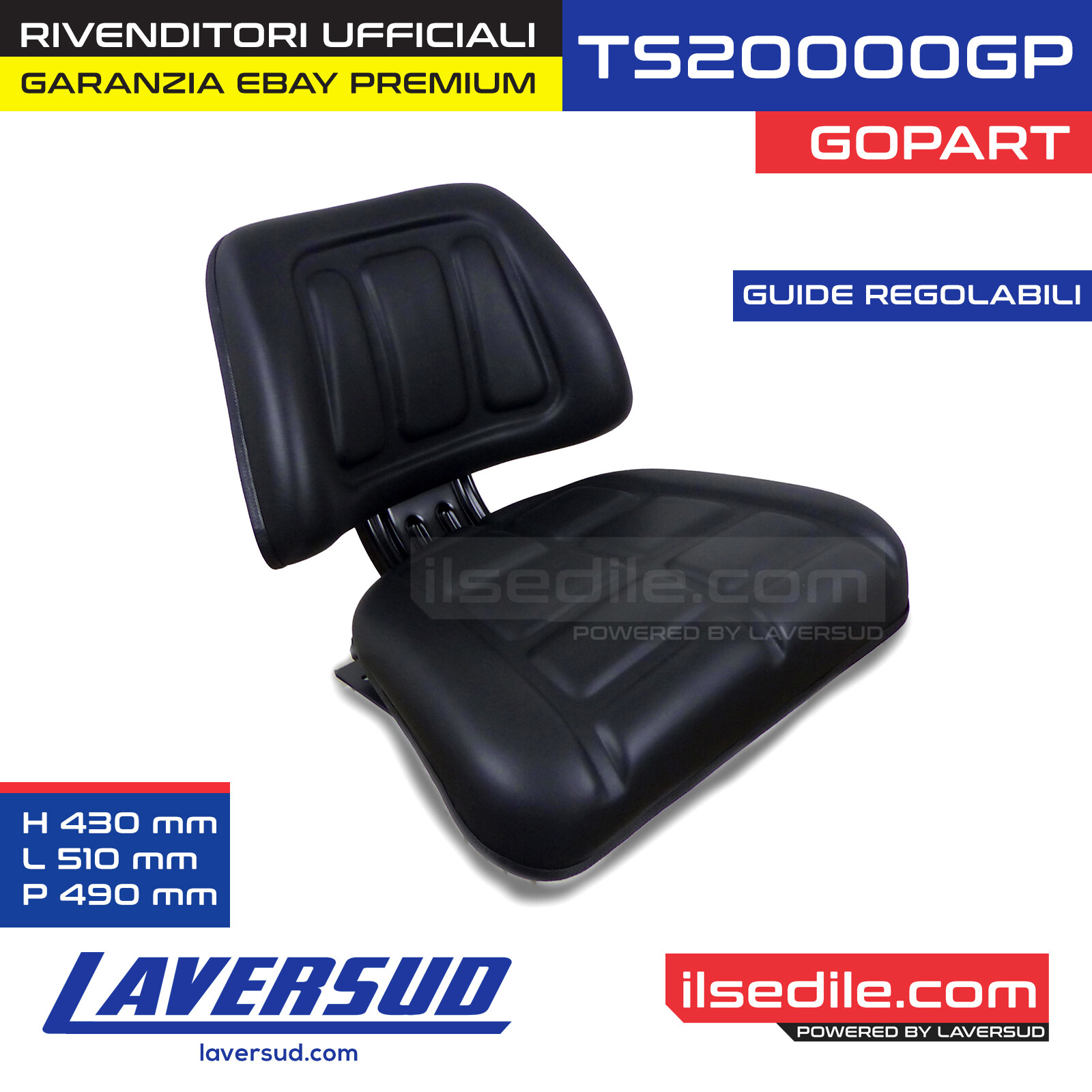 Sedile per Trattore in PVC Nero Gopart TS20000GP 510x490x430 mm Guide Regolabili