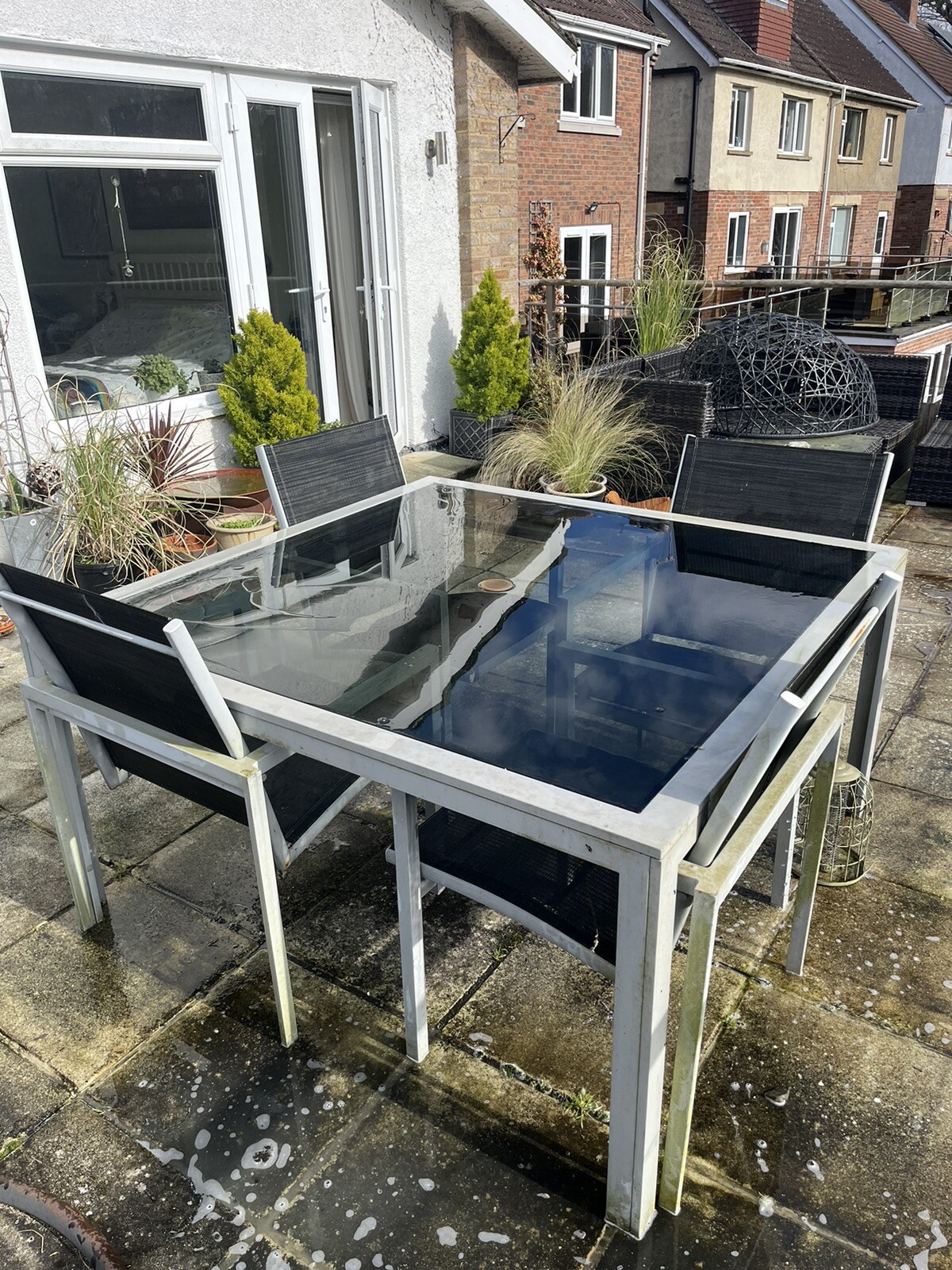 Square Metal And Glass garden table and Six chairs eBay