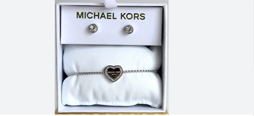 MICHAEL KORS SET regalo argento cuore cursore bracciale e orecchini cristallo MKJ7712040