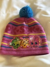 Shopkin SPK Graphic Girls Beanie Cap Hat Pink Yellow Blue Stripped With Blue Pom