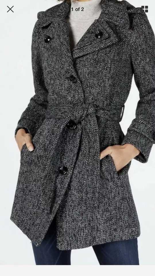 London Fog Hooded Belted Pea Coat Colour Black/ White Size S - Image 2 of 2