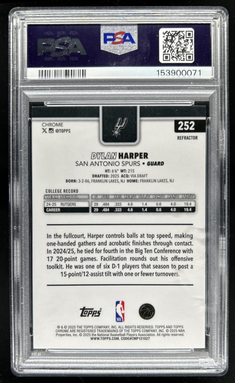 2025-26 Topps Chrome Dylan Harper RC Refractor Rookie #252 Spurs PSA 10 GEM MINT view 2