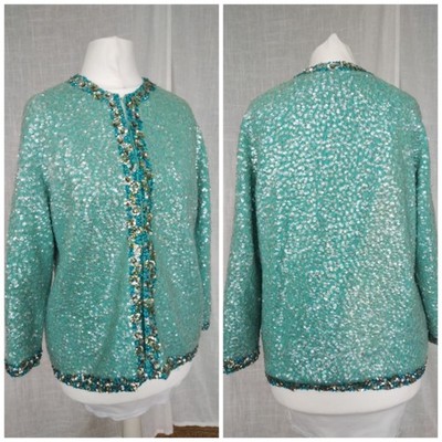 8, Vintage The Knit Wear House Huppert, blau gold Pailletten Strickjacke, 3/4 Arm