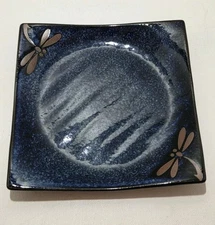 Ceramic Pottery Sushi Plate Blue With Brown Tombo Dragonfly 6.5 " Square 