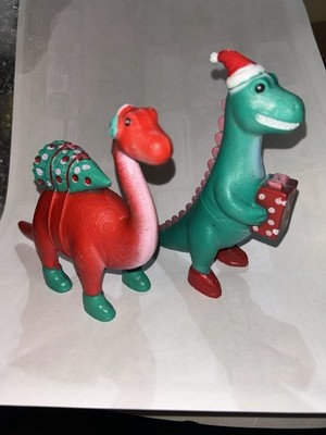 ANYKO Red Brontosaurus/Grn T-Rex Christmas Dinosaurs. Cake Decor.Stocking Stuffr