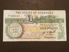 Original 1980-1989 Guernsey One 1 Pound Banknote - Bull - Lightly Circulated