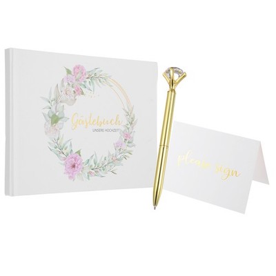 9.3x7'' German Wreath Cover Guest Book with Diamond Signing Pen and Greeting Card