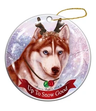 Holiday Pet Gifts Siberian Husky, Red & White Dog Porcelain Christmas Ornament