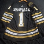 SIGNED 2023 Boston Bruins Swayman Centennial Home Adidas Size 50 NHL Jersey NWT