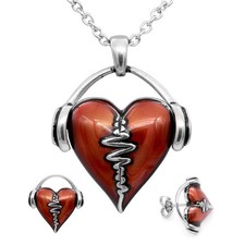 Heartbeat Heart Necklace Earrings Set Red Enamel Silver