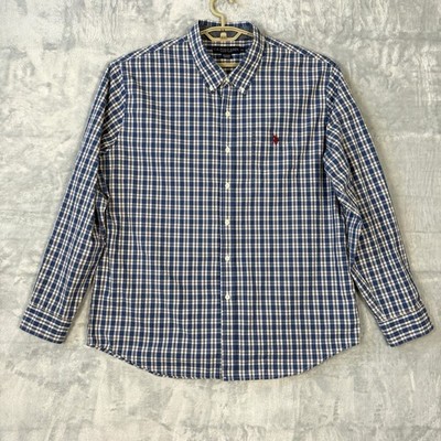 US Polo Assn Dress Shirt Mens XXL Blue White Plaid Button Down Pocket Stretch.