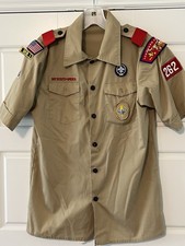 Boy Scouts of America BSA Youth Shirt Large Tan Sewn Patches Short Sleeve