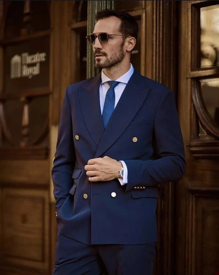Navy Blue Mens Suits Double Breasted Business Tuxedos Wedding Groom Prom Blazer