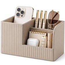 Desk Pen Organizer Office Supplies Caddy Pu Leather Multi-function Storage Bo...
