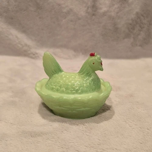 Vintage Westmoreland Mini Hen On Nest Milk Glass Painted Green with Red Comb