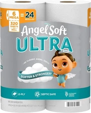Angel Soft Ultra Toilet Paper, 6 Mega Rolls = 24 Regular Rolls, 2 Ply Toilet Tis