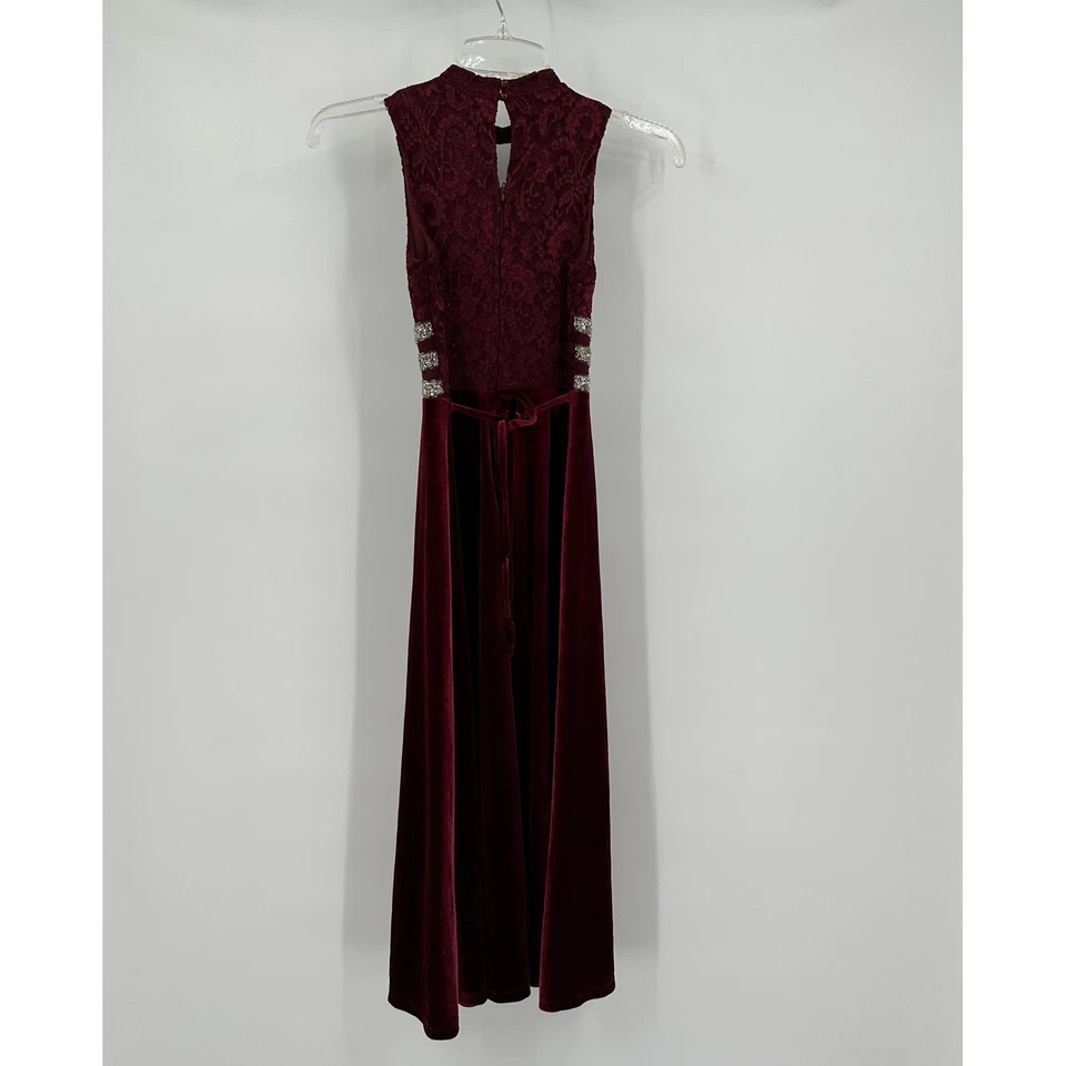 Maxi Vestido de Terciopelo Vacaciones Niñas Talla 10 Dinero Antiguo Glamour Encaje Cintura Brillante Formal Foto 3 de 4