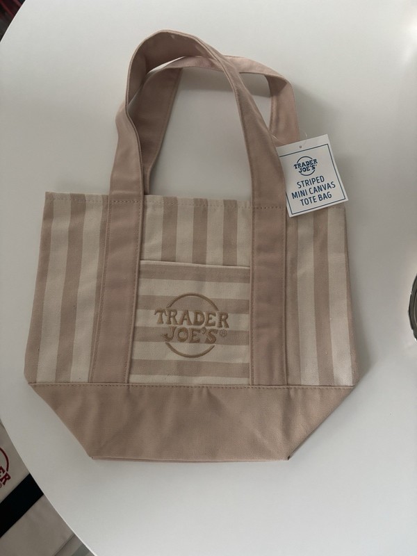 Trader Joe's Striped Mini Canvas Tote Bag Beige/White 13x8x6 in