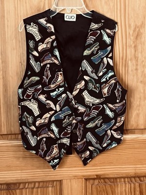Vintage Clio Black + Multicolor Shoe Pattern Button Vest Women's Sleeveless Art