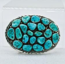 Native American Navajo Turquoise Cluster Sterling Silver Belt Buckle Signed