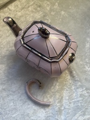 Vintage Sadler Teekanne Würfel Rosa Perle Silber Glanz mit Vögeln LESEN