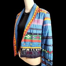 Minnie's Closet 80's Hippie Boho Embroidered Denim Blazer Jacket Women's Size S
