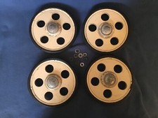 4 Antique Thayer Hub Cap Baby Buggy Carriage Stroller 9" Wheel Wood Metal Rubber