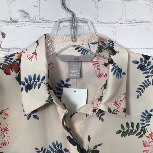 Blusa Mariposa Mangas Largas H&M Mujer 0 XXS Beige Floral Botones Nueva - Imagen 3 de 6