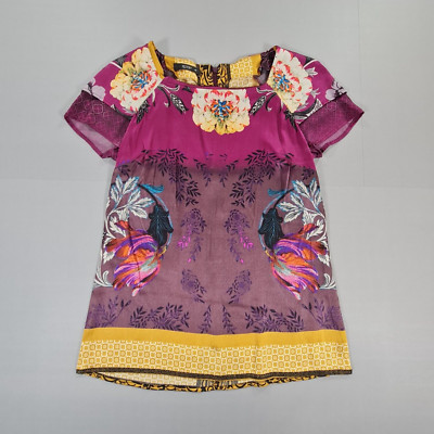 Etro Damen Bluse Lila 42 Blumen Seide Kurzarm Satin Oberteil