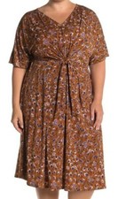 Brown Floral Day Dress Plus Size 3X Stretch Knit Tie Waist West Kei NWT