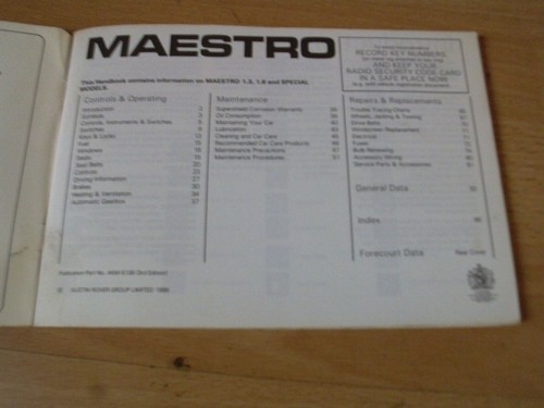 Austin Rover Owners Handbook Maestro Operation Maintenance Repairs Data 1988 - Picture 2 of 5