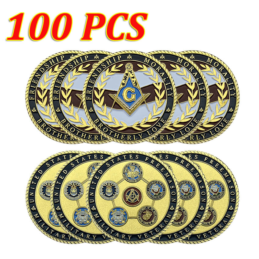 100PCS Freemasonry Medal Gold US Military Coin Masonic Freemason Challenge Coin