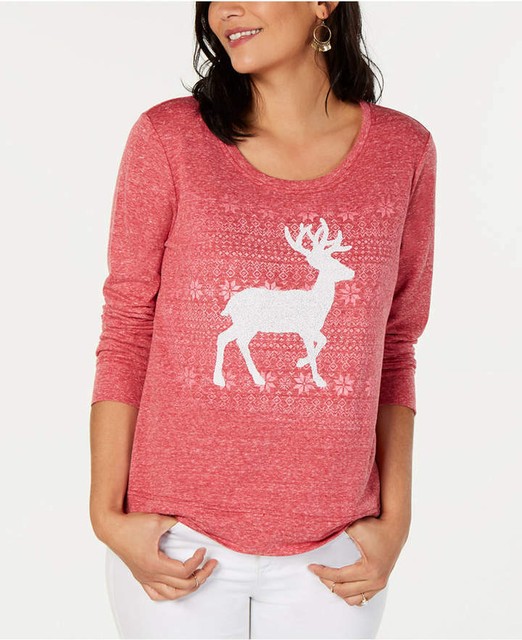 Style & Co Womens Sz 0X Long Sleeve Embellished Reindeer Sweatshirt Red $56 715 | eBay