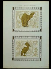 ANIMALS, BEAR AND PELICAN - 1910 GOLD INK LITHOGRAPH - ART NOUVEAU