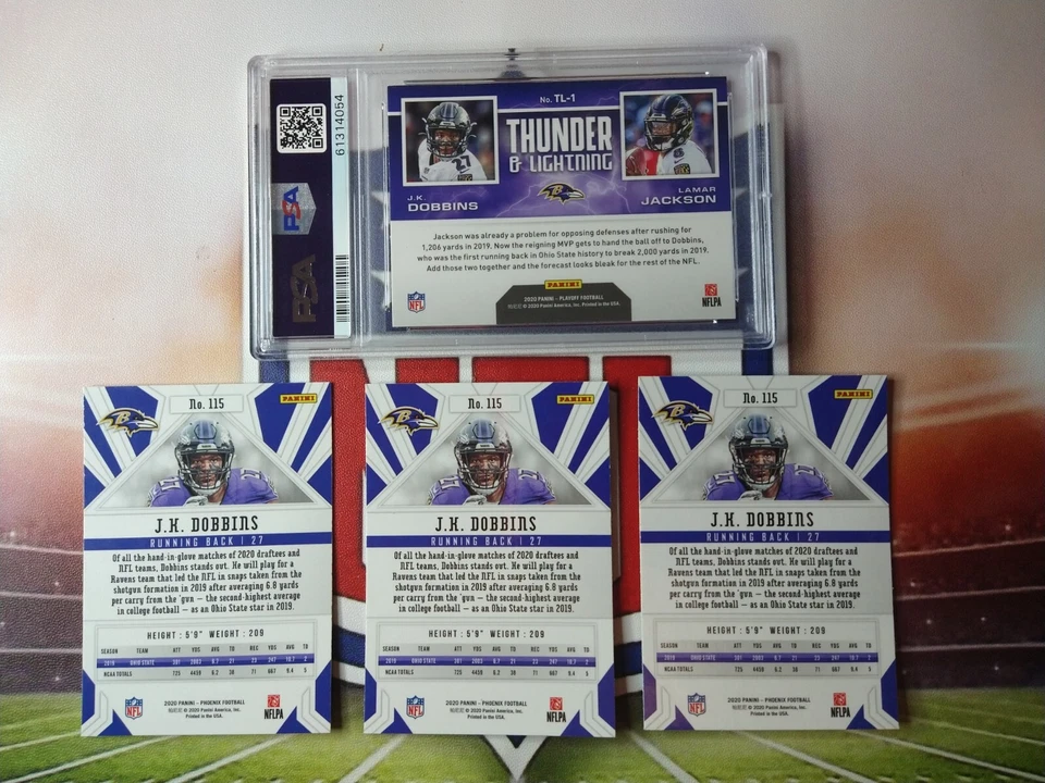 2020 Playoff Thunder & Lightning J.K. Dobbins Lamar Jackson PSA 10 Rookie RC ++ - Image 4 of 4