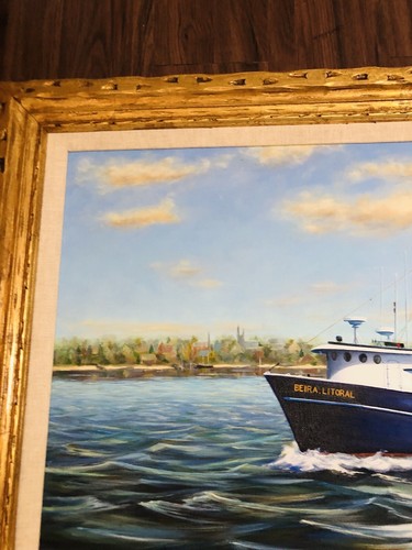 MARINE FISHING BOAT VESSEL SIGNED SEASCAPE SCENE OIL ON CANVAS BEIRA.LITORAL - Picture 13 of 19