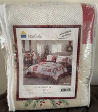 3 Pc Cozy Cabin Christmas Quilt Set Festive Bedspread Rustic Lodge Charm Queen