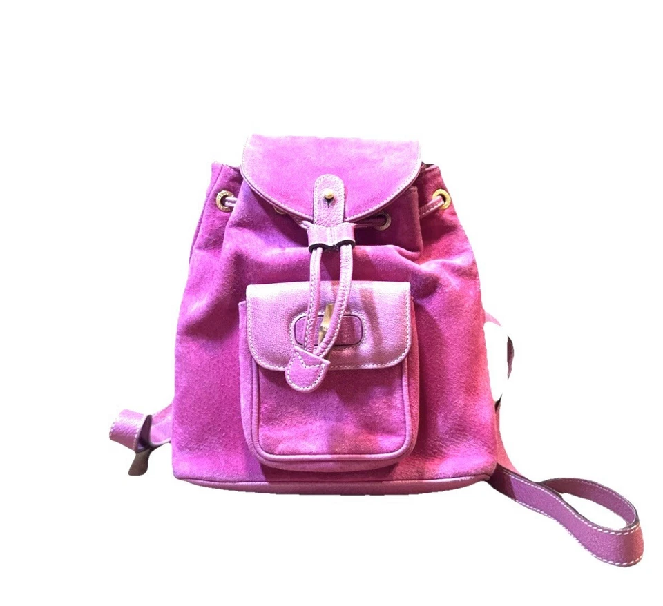 Mini Mochila de Bambu GUCCI Vintage Couro Camurça Rosa Fúcsia Autêntica - Imagem 4 de 4