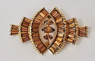 Outstanding Vintage Keyes Cognac Baguette & Marquis Rhinestone PIN Brooch 2 