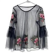 Dillard's Sheer Tulle Rose Detail Boho LS Romantic Blouse SMALL Coquette Cottage